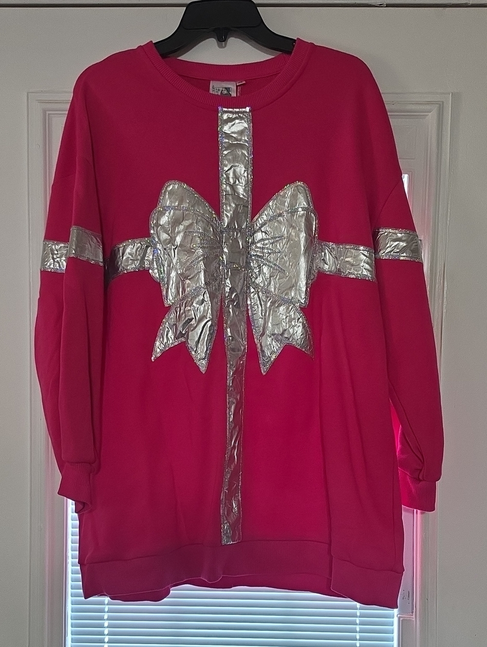 QUEEN OF SPARKLES Hot Pink Sweatshirt with Silver Bow Detail